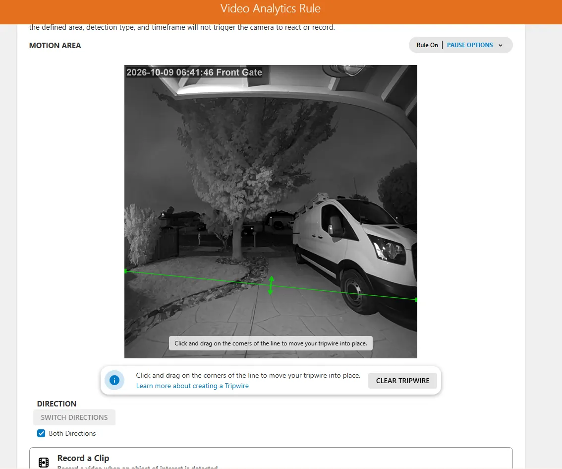 Security camera night vision view with tripwire